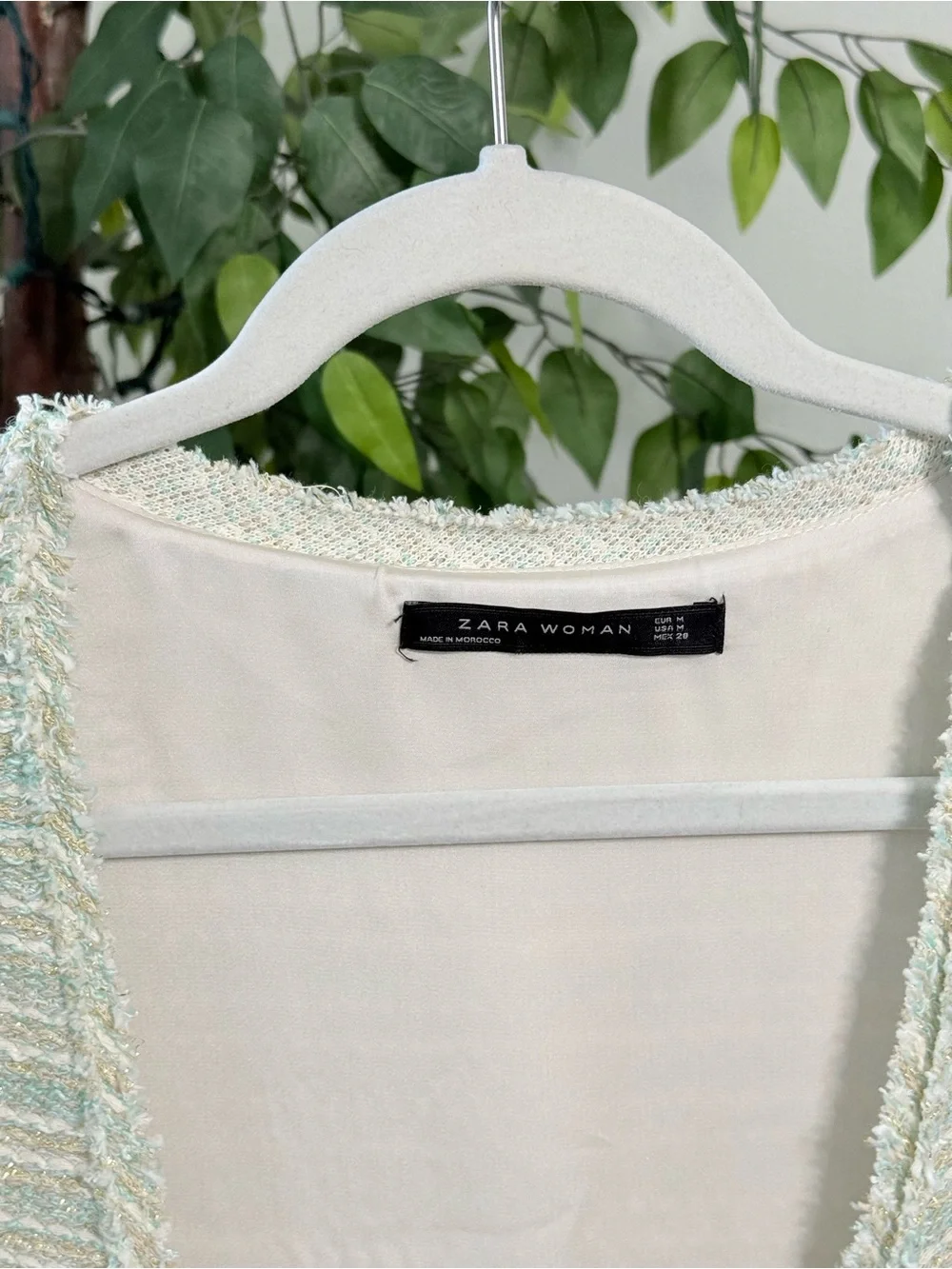 Zara Tweed Mini Dress Size Medium Mint Green White Gold - Picture 10 of 11